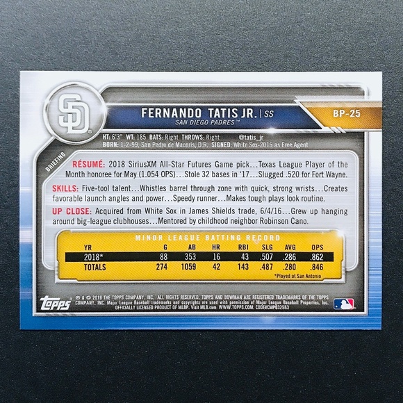 Fernando Tatis Jr. PRC - 2019 Bowman Prospects #BP-25 - Picture 2 of 2